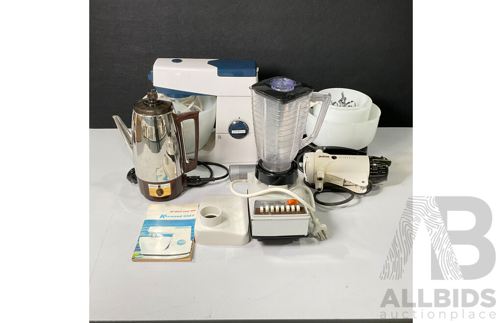 Retro Kitchen Appliances Including Kenwood Chef Mixer, Sunbeam Mixmaster, Solid State Blender and Deluxe Kettle