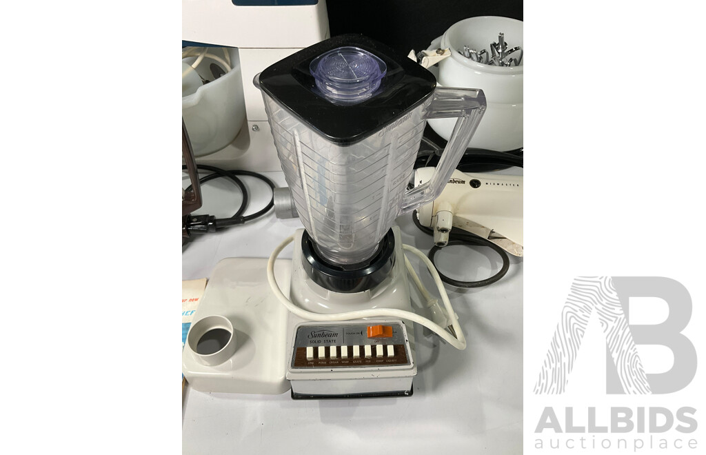 Retro Kitchen Appliances Including Kenwood Chef Mixer, Sunbeam Mixmaster, Solid State Blender and Deluxe Kettle