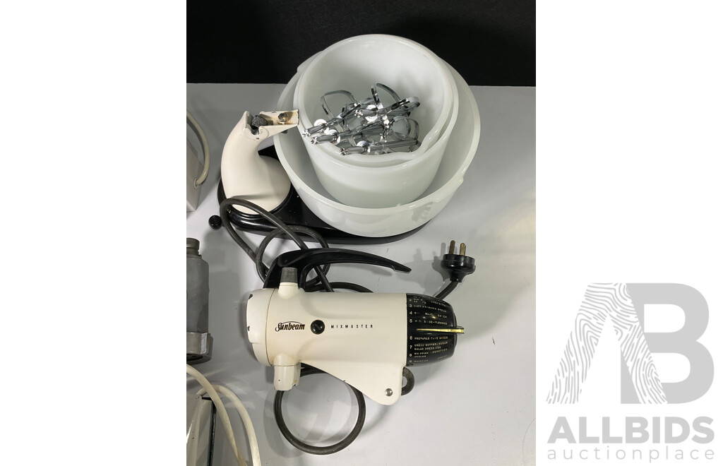 Retro Kitchen Appliances Including Kenwood Chef Mixer, Sunbeam Mixmaster, Solid State Blender and Deluxe Kettle