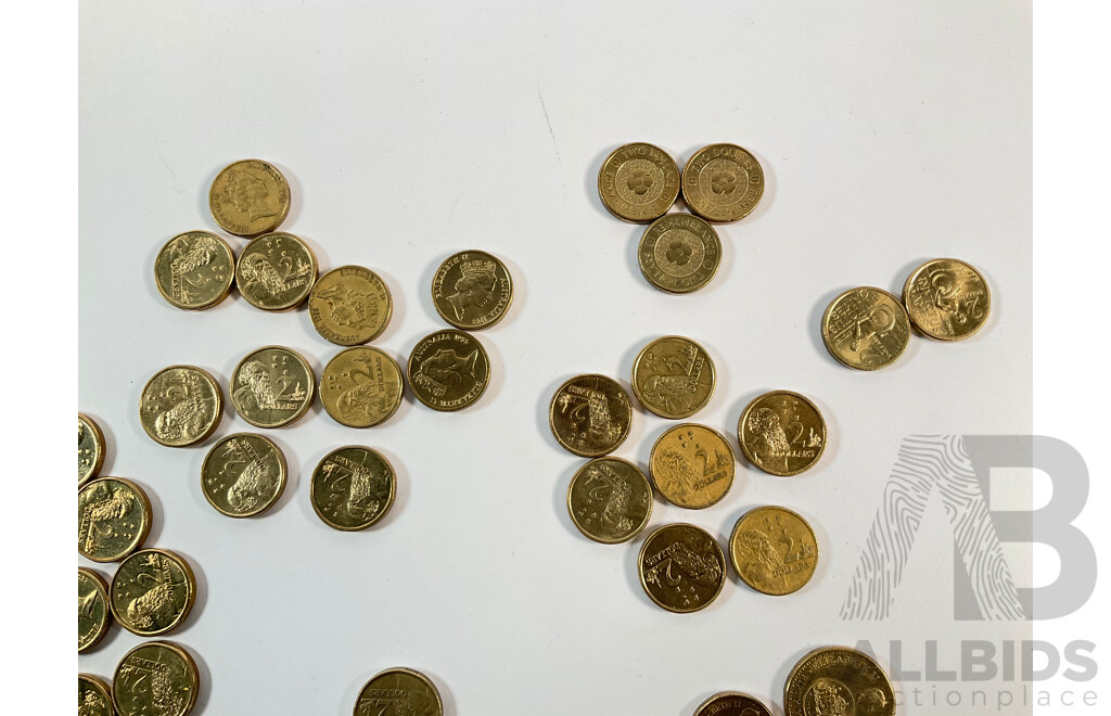 Collection of Australian Coins Including Two Dollars, Four 2016 Fifty Years Decimal Currency, Twenty Four 1988 High Grade, 1989, 1990, Two 2018 INVICTUS, Three 2012 Remembrance,, 2016 Fifty Years Decimal Currency One Dollar