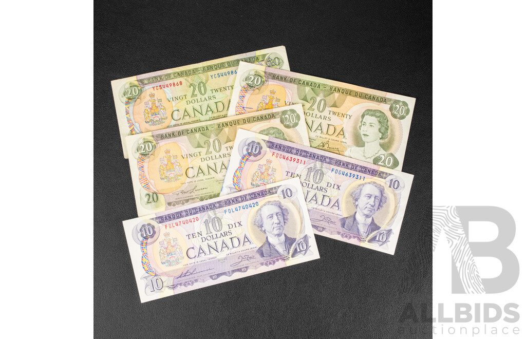 Five Vintage Canadian Banknotes Including Three Twenty Dollar Notes 1969, 1979(2) and Two Ten Dollar Notes 1971(2)