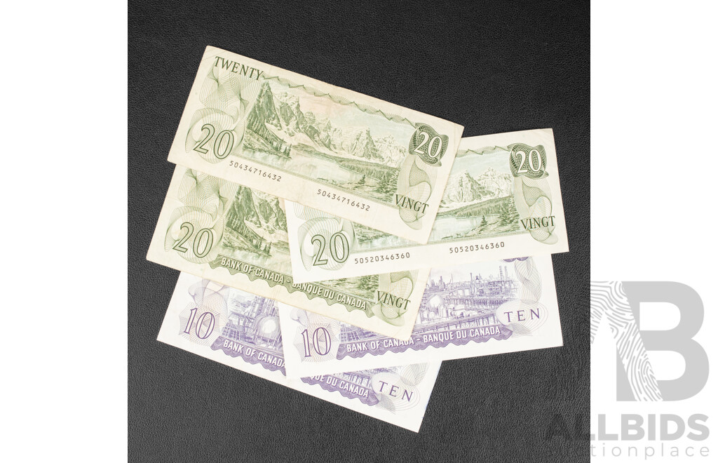 Five Vintage Canadian Banknotes Including Three Twenty Dollar Notes 1969, 1979(2) and Two Ten Dollar Notes 1971(2)