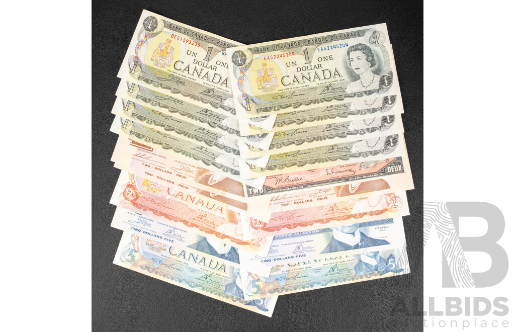 Canadian One, Two and Five Dollar Banknotes Spanning 1954 to 1986