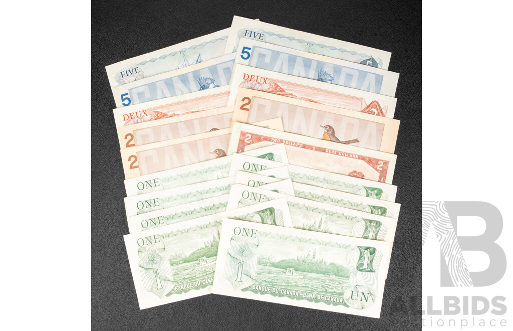 Canadian One, Two and Five Dollar Banknotes Spanning 1954 to 1986