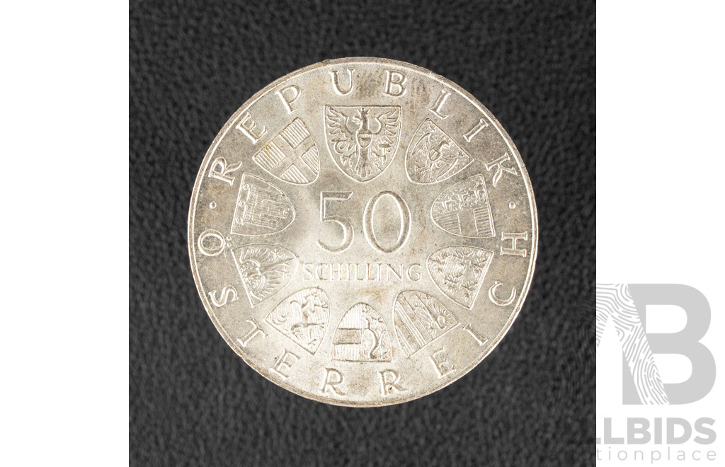 Austrian 1972 UNC Silver Fifty Shilling, 350th Anniversary of the Salzburg University .900