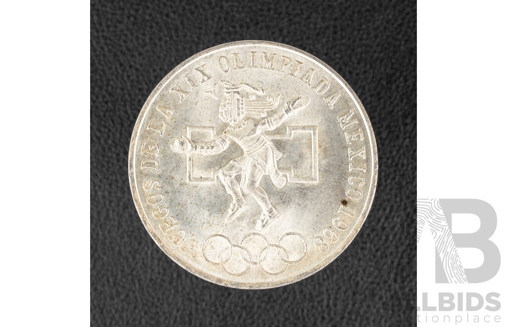 Mexico 1968 Silver Twenty Five Cent Coin, 19th Summer Olympics .720
