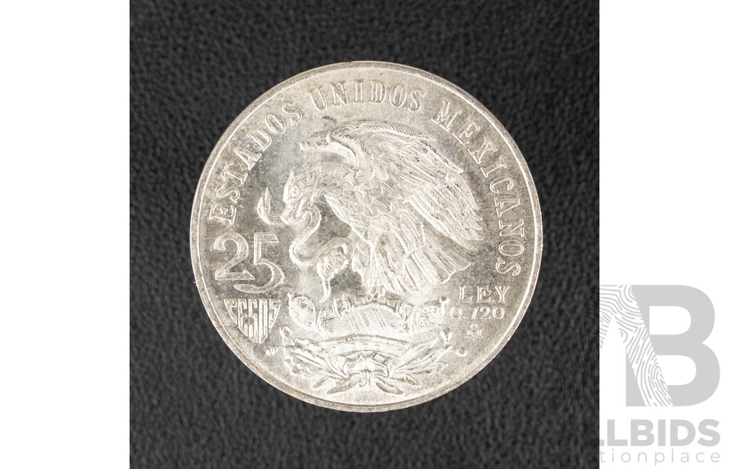 Mexico 1968 Silver Twenty Five Cent Coin, 19th Summer Olympics .720