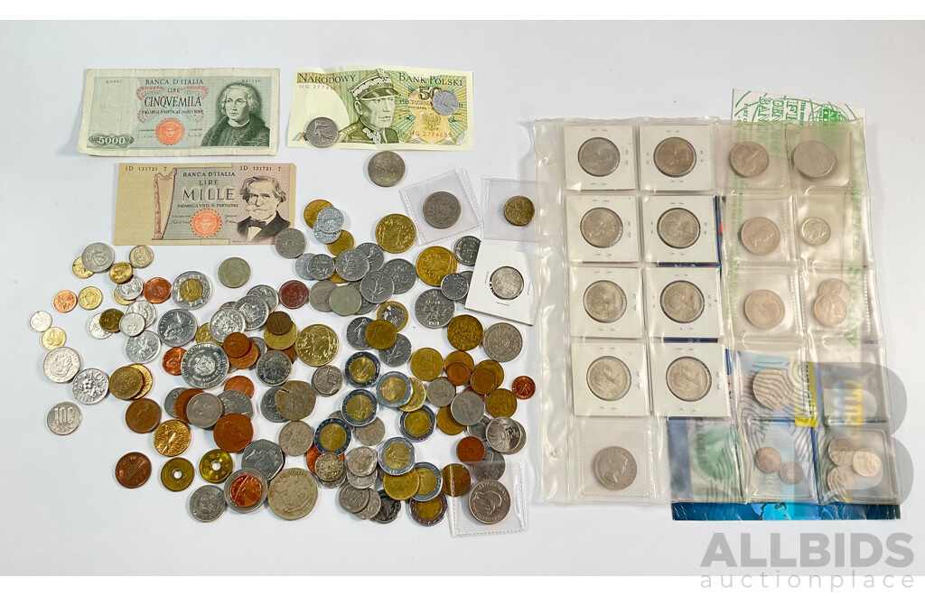 Collection of International Currency Including United Kingdom, New Zealand, Middle East, Japan, France, Netherlands, Germany, Poland, Canada, Malaysia, Italy, Hong Kong, China, Tonga, Sweden