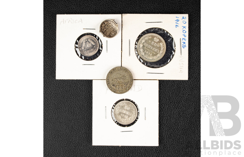 Five Vintage Silver Coins Including Russia 1916 Twenty Kopeks, Finland 1916 Fifty Pennia, South Africa 1943 Threepence, Netherlands 1938 Ten Cents, East Africa 1948 Fifty Cents