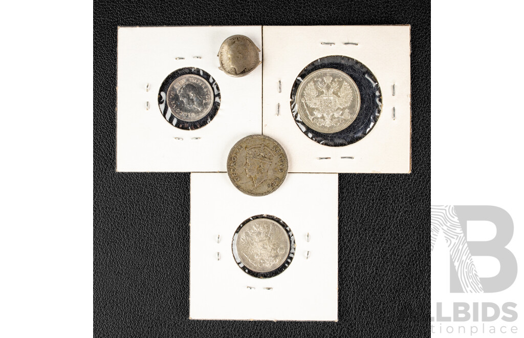 Five Vintage Silver Coins Including Russia 1916 Twenty Kopeks, Finland 1916 Fifty Pennia, South Africa 1943 Threepence, Netherlands 1938 Ten Cents, East Africa 1948 Fifty Cents