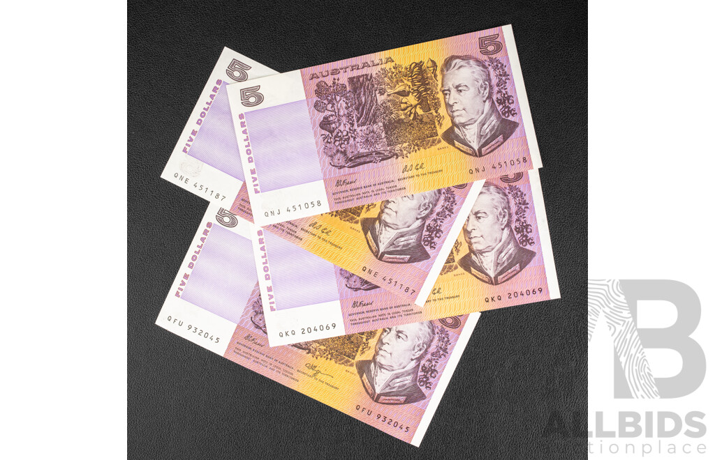 Four Australian Five Dollar Notes Including Three 1991 Fraser/Cole R213 and 1990 Fraser/Higgins R212