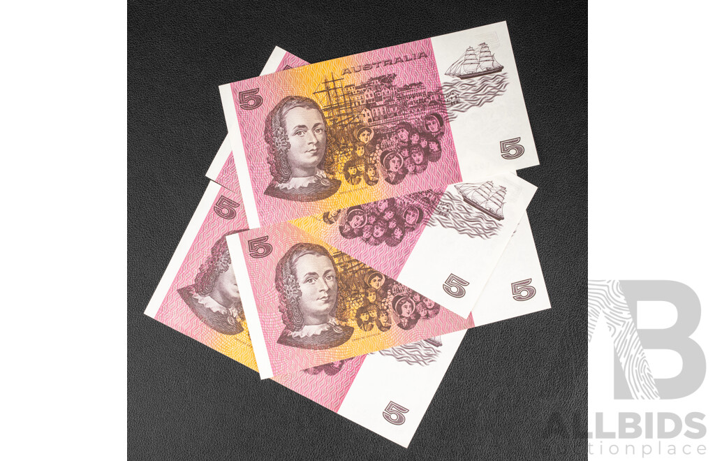 Four Australian Five Dollar Notes Including Three 1991 Fraser/Cole R213 and 1990 Fraser/Higgins R212