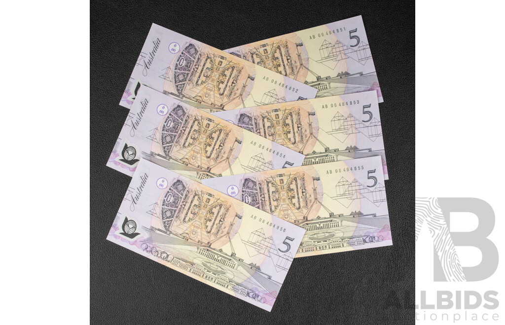 Six Australian 1992 UNC Five Dollar Notes, Fraser/Cole R214 Consecutive AB 06464851 - AB 06464856