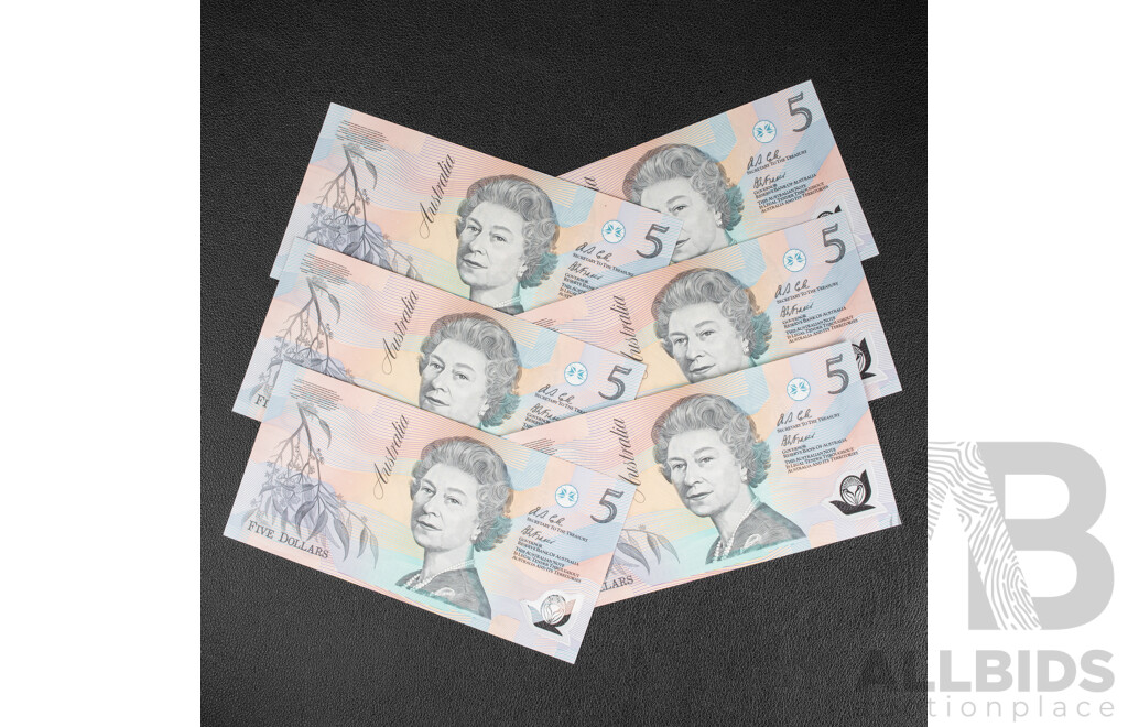 Six Australian 1992 UNC Five Dollar Notes, Fraser/Cole R214 Consecutive AB 06464851 - AB 06464856