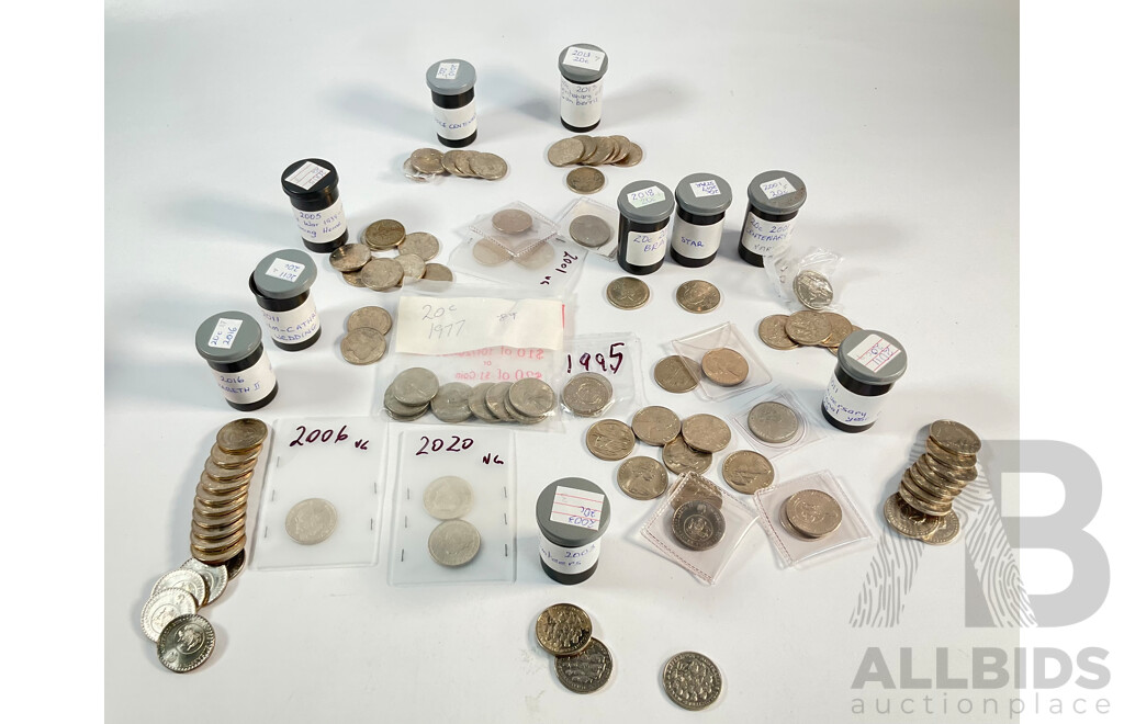Collection of Australian Twenty Cent Coins Including Commemoratives 2018 Brave, 2017 Star, Eighteen 2016 Fifty Years Decimal Currency, 2001 Federation, 2011 Volunteers, 2010 Taxation Office, 2005 Coming Home, 2013 Canberra Centenary.............