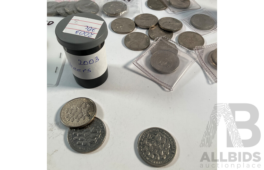 Collection of Australian Twenty Cent Coins Including Commemoratives 2018 Brave, 2017 Star, Eighteen 2016 Fifty Years Decimal Currency, 2001 Federation, 2011 Volunteers, 2010 Taxation Office, 2005 Coming Home, 2013 Canberra Centenary.............