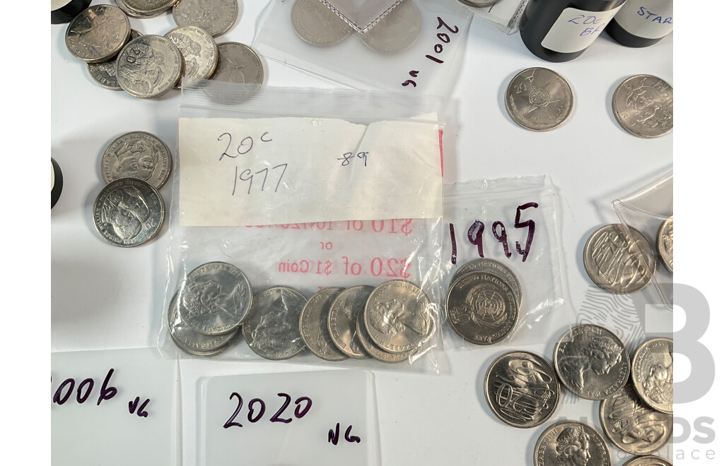 Collection of Australian Twenty Cent Coins Including Commemoratives 2018 Brave, 2017 Star, Eighteen 2016 Fifty Years Decimal Currency, 2001 Federation, 2011 Volunteers, 2010 Taxation Office, 2005 Coming Home, 2013 Canberra Centenary.............