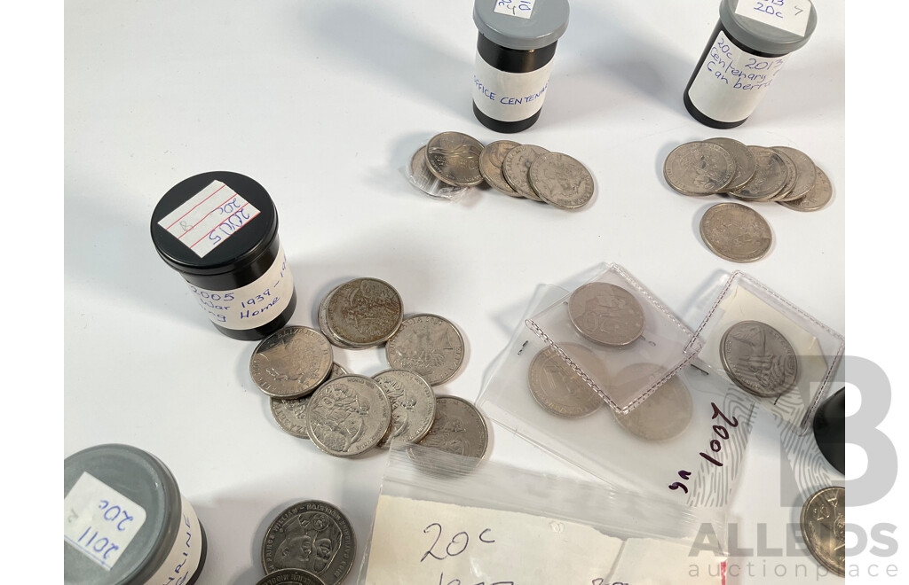 Collection of Australian Twenty Cent Coins Including Commemoratives 2018 Brave, 2017 Star, Eighteen 2016 Fifty Years Decimal Currency, 2001 Federation, 2011 Volunteers, 2010 Taxation Office, 2005 Coming Home, 2013 Canberra Centenary.............