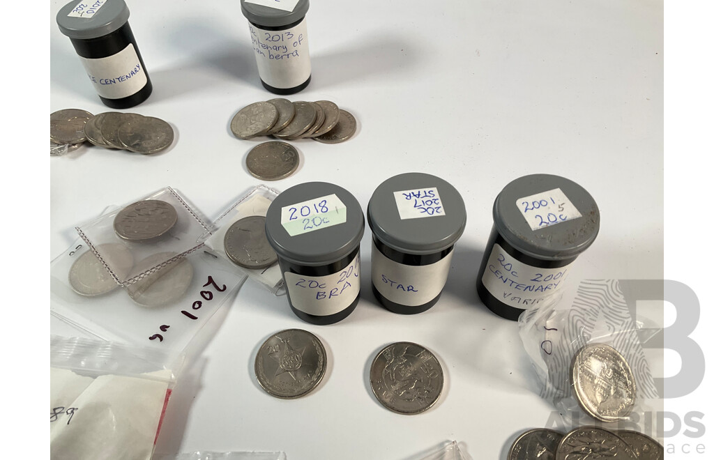 Collection of Australian Twenty Cent Coins Including Commemoratives 2018 Brave, 2017 Star, Eighteen 2016 Fifty Years Decimal Currency, 2001 Federation, 2011 Volunteers, 2010 Taxation Office, 2005 Coming Home, 2013 Canberra Centenary.............