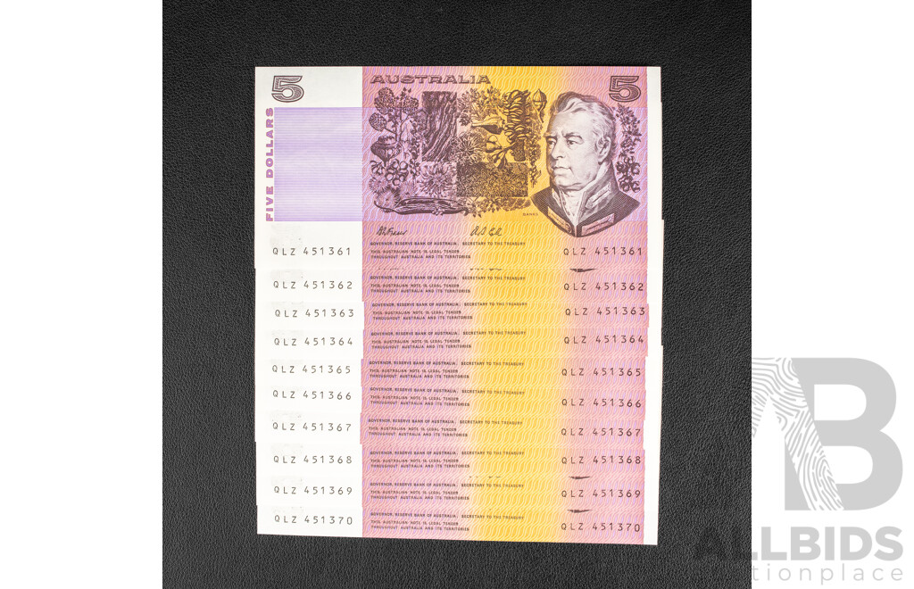Ten Australian 1991 Five Dollar Notes, Fraser/Cole R213, Consecutive QLZ 451361 - QLZ 451370