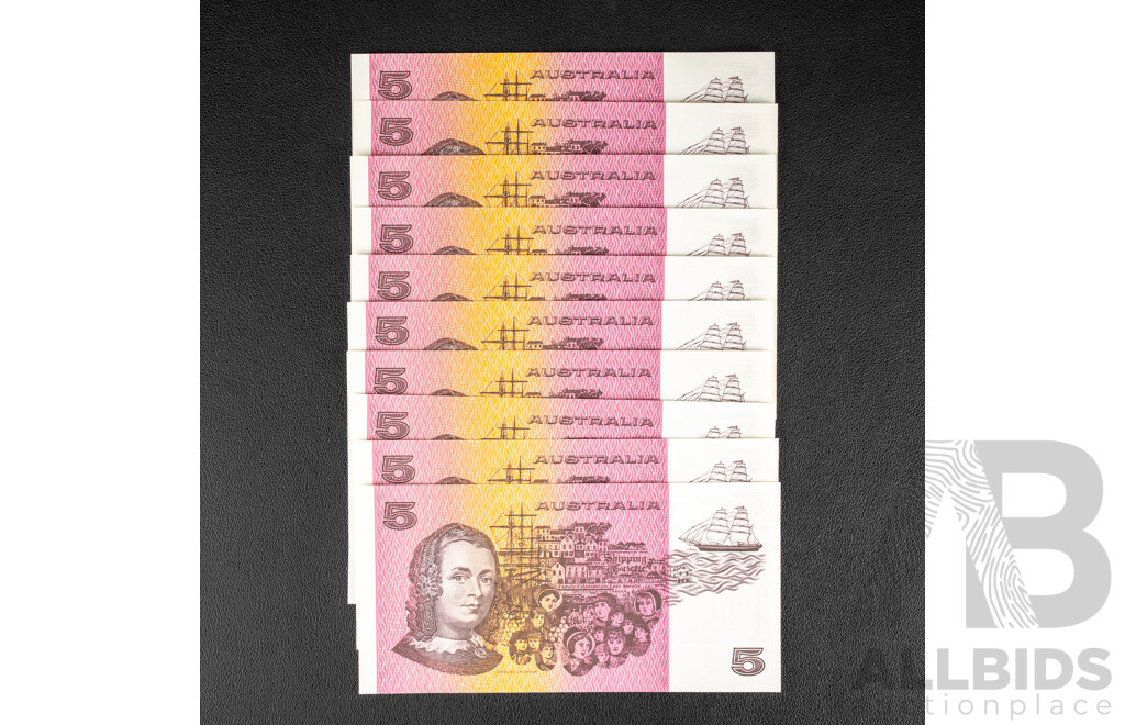 Ten Australian 1991 Five Dollar Notes, Fraser/Cole R213, Consecutive QLZ 451361 - QLZ 451370