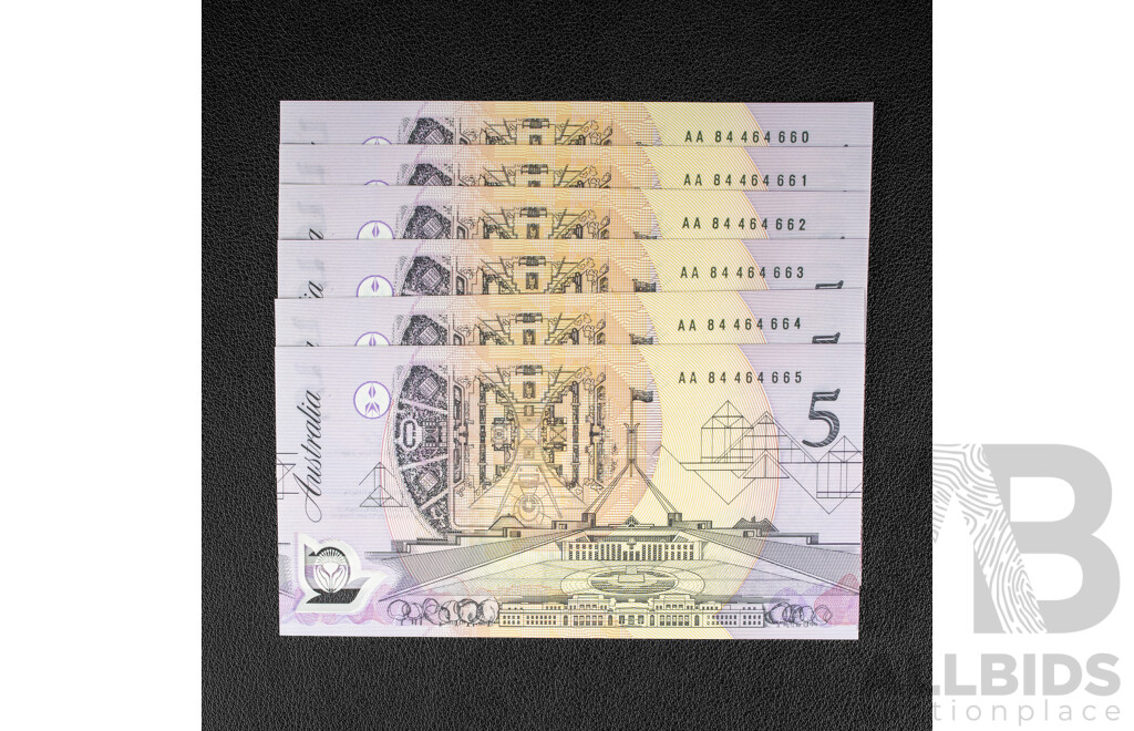 Six Australian 1991 Five Dollar Notes, Fraser/Cole R214, Consecutive AA 84464660 - AA 84464665