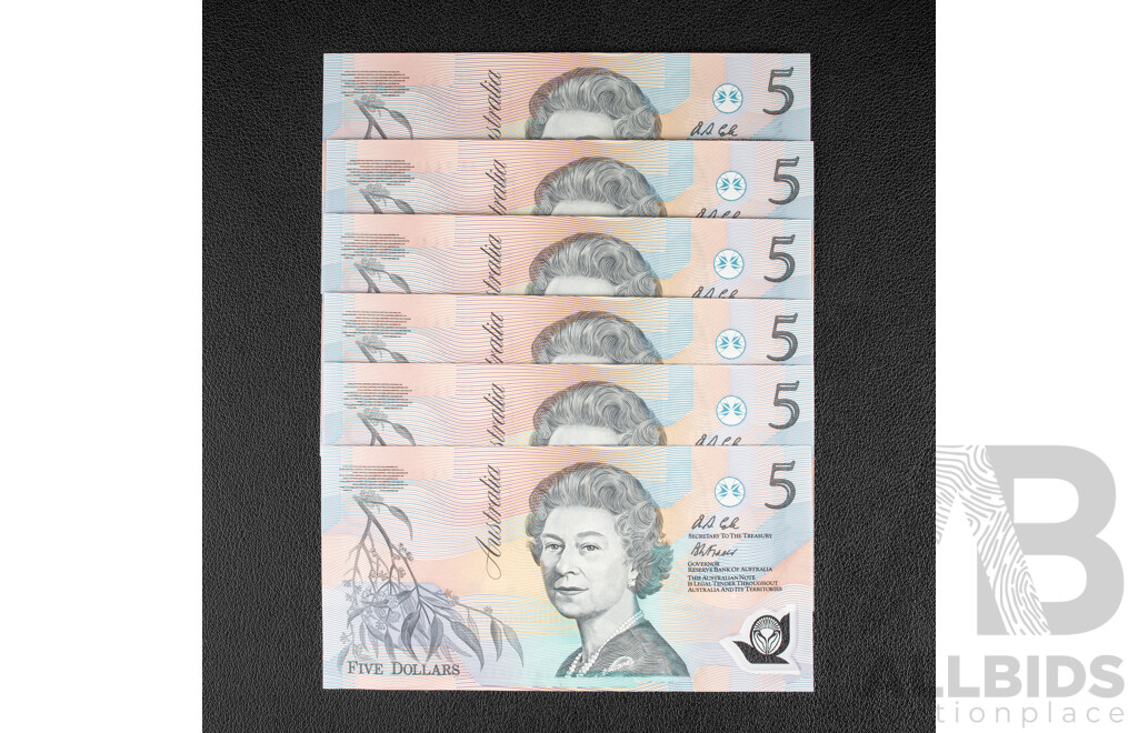 Six Australian 1991 Five Dollar Notes, Fraser/Cole R214, Consecutive AA 84464660 - AA 84464665