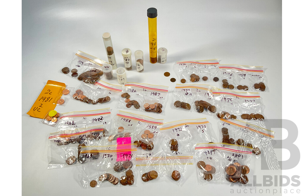 Collection of Australian One and Two Cent Coins Spanning 1966 to 1990 Including UNC - Approximately 2.5 Kilograms