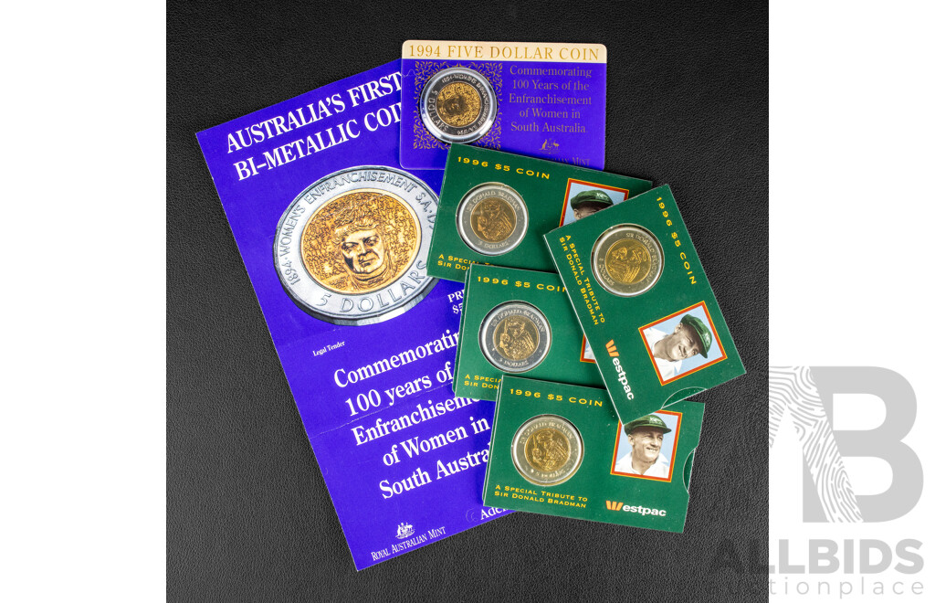 Five Australian RAM Commemorative Five Dollar Coins Including 1994 One Hundred Years of the Enfranchisement of Women in South Australia and Four 1996 Tribute to Donald Bradman