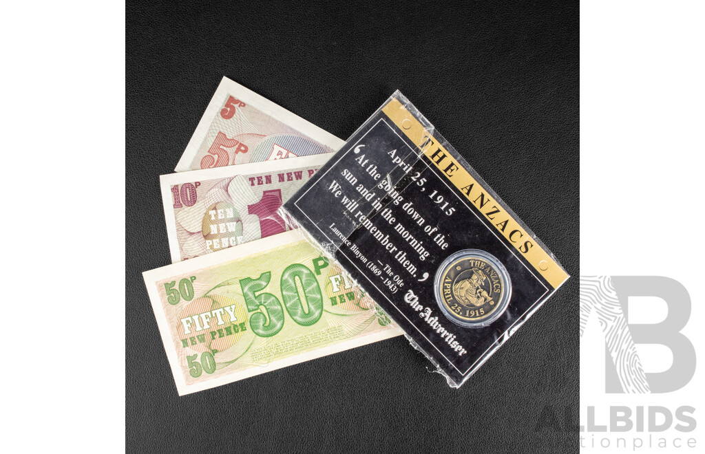 Three British Armed Forces 1972 Banknotes Including Five, Ten and Fifty Pence with ANZACS Medallion