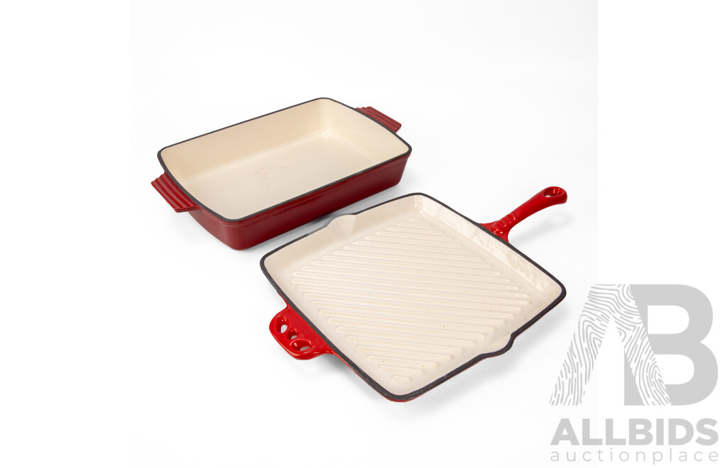Cast Iron Enameled Ribbed Fry Pan and Baking Dish