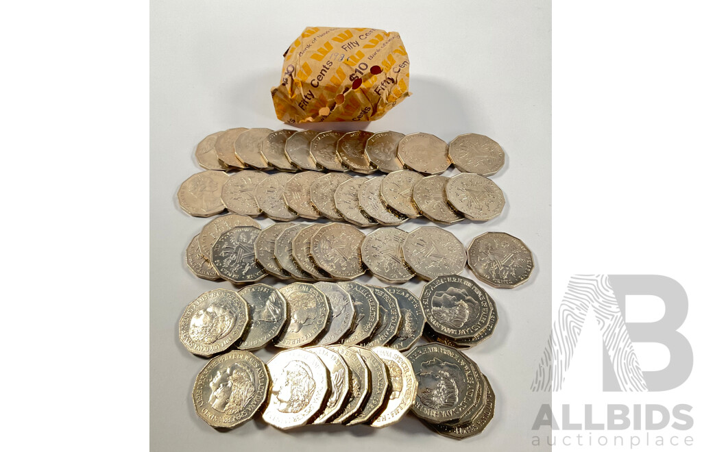 Fifty Australian Fifty Cent Coins Including Twenty 1981 Charles and Diana and Thirty 1982 Commonwealth Games, All High Grade