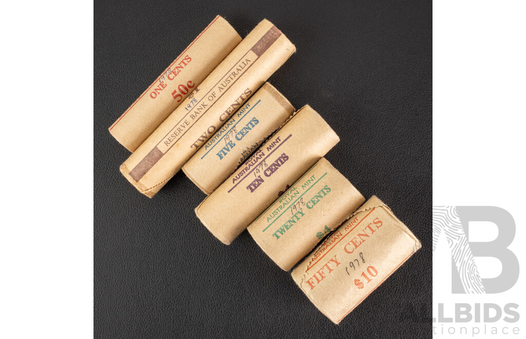 Australian RAM/Reserve Bank UNC 1978 One, Two, Five, Ten, Twenty, Fifty Cent Coin Rolls
