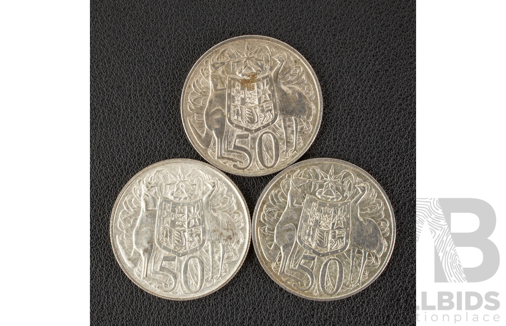 Three Australian 1966 Round Silver Fifty Cent Coins .800
