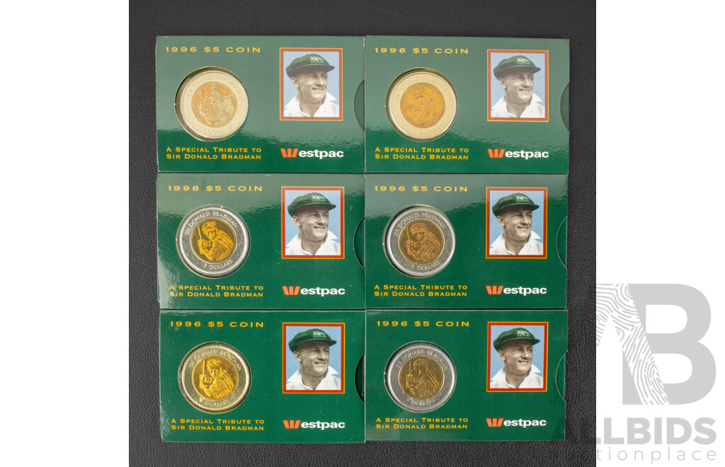 Six Australian RAM 1996 Five Dollar Coins, Donald Bradman Tribute