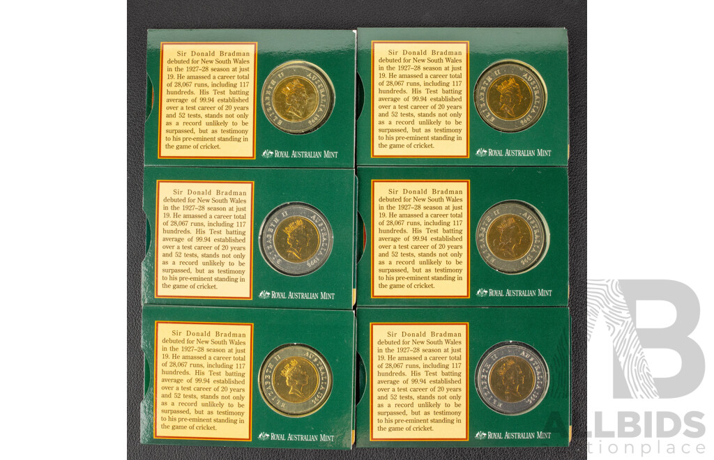 Six Australian RAM 1996 Five Dollar Coins, Donald Bradman Tribute