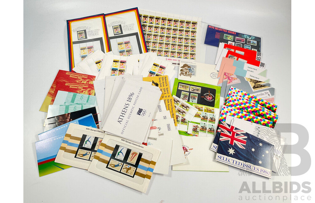 Australian Stamp Sheet, Mini Sheets and Stamp Packs Including 1976 Stamp Week Sheet, Fifty Four, Mini Sheets, 1978 and 1980 Stamp Week Mini Sheets and Packs, Olympics 1976, Poster Cards, 1984, Commonwealth Games 1982........