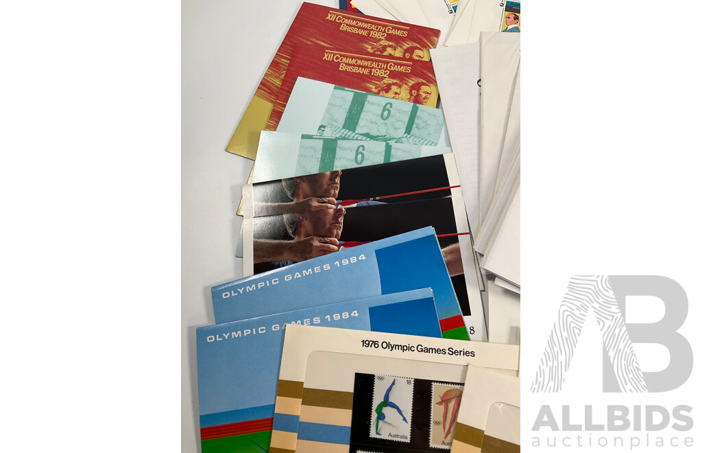 Australian Stamp Sheet, Mini Sheets and Stamp Packs Including 1976 Stamp Week Sheet, Fifty Four, Mini Sheets, 1978 and 1980 Stamp Week Mini Sheets and Packs, Olympics 1976, Poster Cards, 1984, Commonwealth Games 1982........