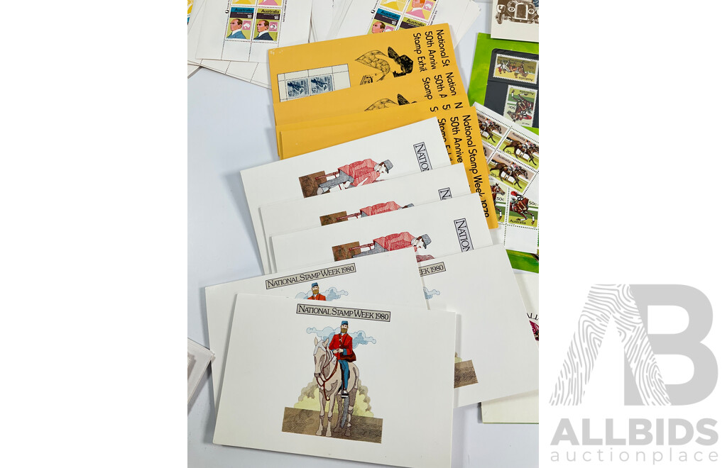 Australian Stamp Sheet, Mini Sheets and Stamp Packs Including 1976 Stamp Week Sheet, Fifty Four, Mini Sheets, 1978 and 1980 Stamp Week Mini Sheets and Packs, Olympics 1976, Poster Cards, 1984, Commonwealth Games 1982........