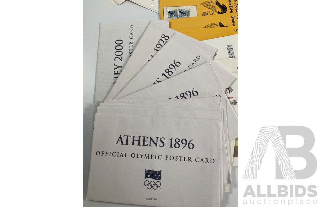 Australian Stamp Sheet, Mini Sheets and Stamp Packs Including 1976 Stamp Week Sheet, Fifty Four, Mini Sheets, 1978 and 1980 Stamp Week Mini Sheets and Packs, Olympics 1976, Poster Cards, 1984, Commonwealth Games 1982........