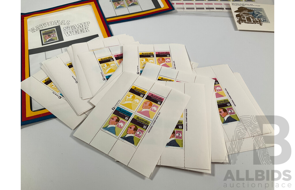 Australian Stamp Sheet, Mini Sheets and Stamp Packs Including 1976 Stamp Week Sheet, Fifty Four, Mini Sheets, 1978 and 1980 Stamp Week Mini Sheets and Packs, Olympics 1976, Poster Cards, 1984, Commonwealth Games 1982........