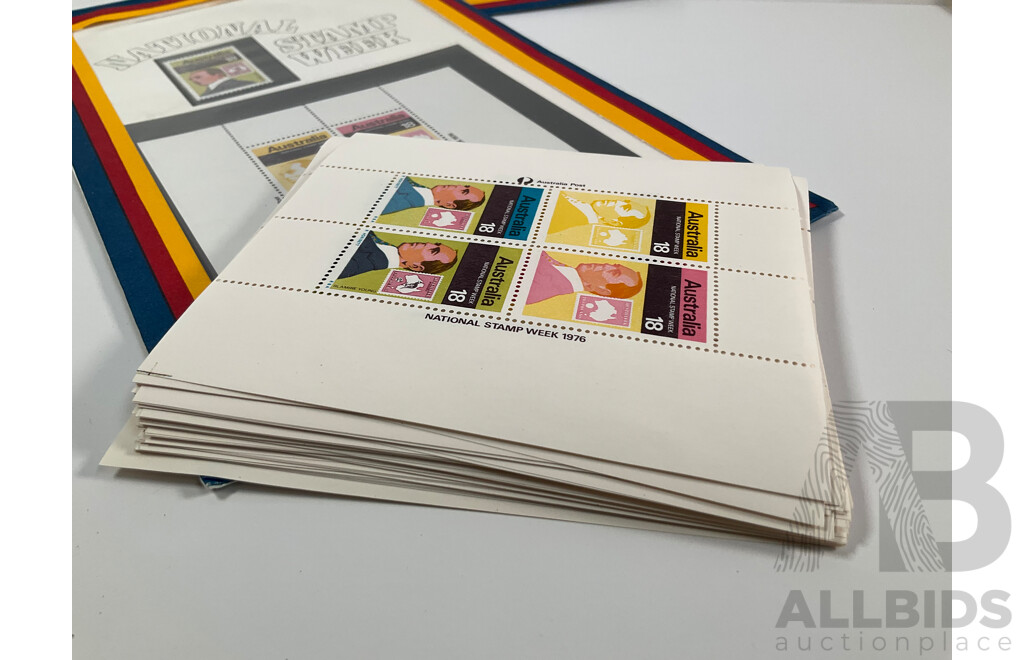 Australian Stamp Sheet, Mini Sheets and Stamp Packs Including 1976 Stamp Week Sheet, Fifty Four, Mini Sheets, 1978 and 1980 Stamp Week Mini Sheets and Packs, Olympics 1976, Poster Cards, 1984, Commonwealth Games 1982........