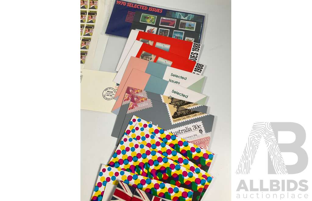 Australian Stamp Sheet, Mini Sheets and Stamp Packs Including 1976 Stamp Week Sheet, Fifty Four, Mini Sheets, 1978 and 1980 Stamp Week Mini Sheets and Packs, Olympics 1976, Poster Cards, 1984, Commonwealth Games 1982........