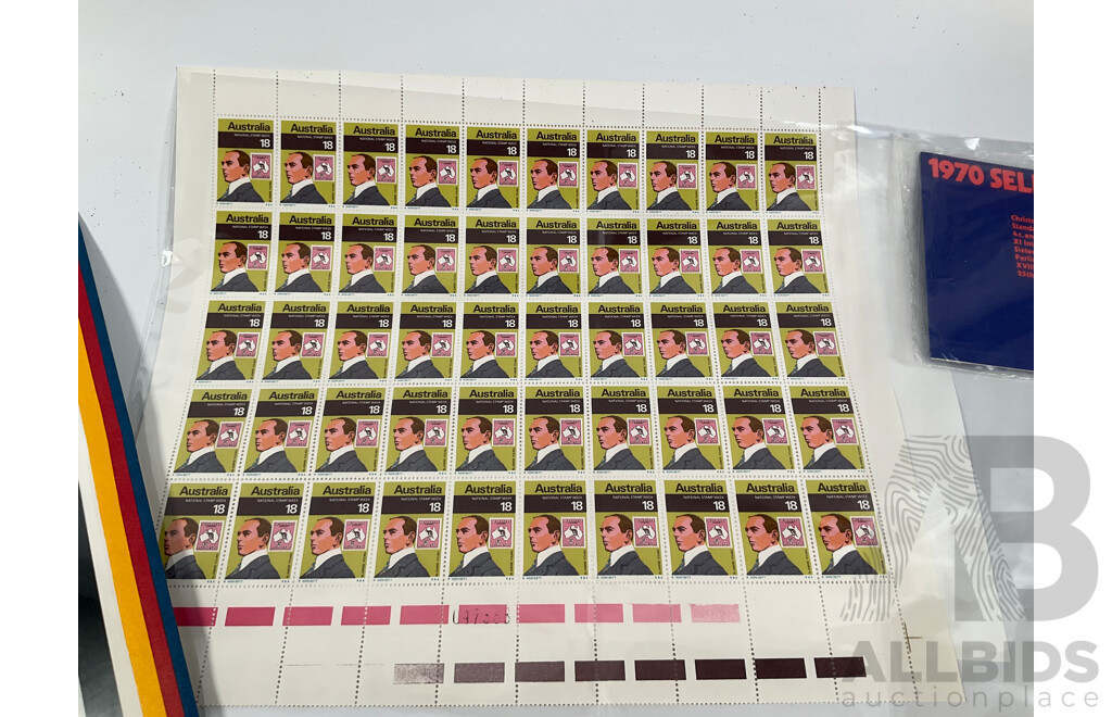 Australian Stamp Sheet, Mini Sheets and Stamp Packs Including 1976 Stamp Week Sheet, Fifty Four, Mini Sheets, 1978 and 1980 Stamp Week Mini Sheets and Packs, Olympics 1976, Poster Cards, 1984, Commonwealth Games 1982........