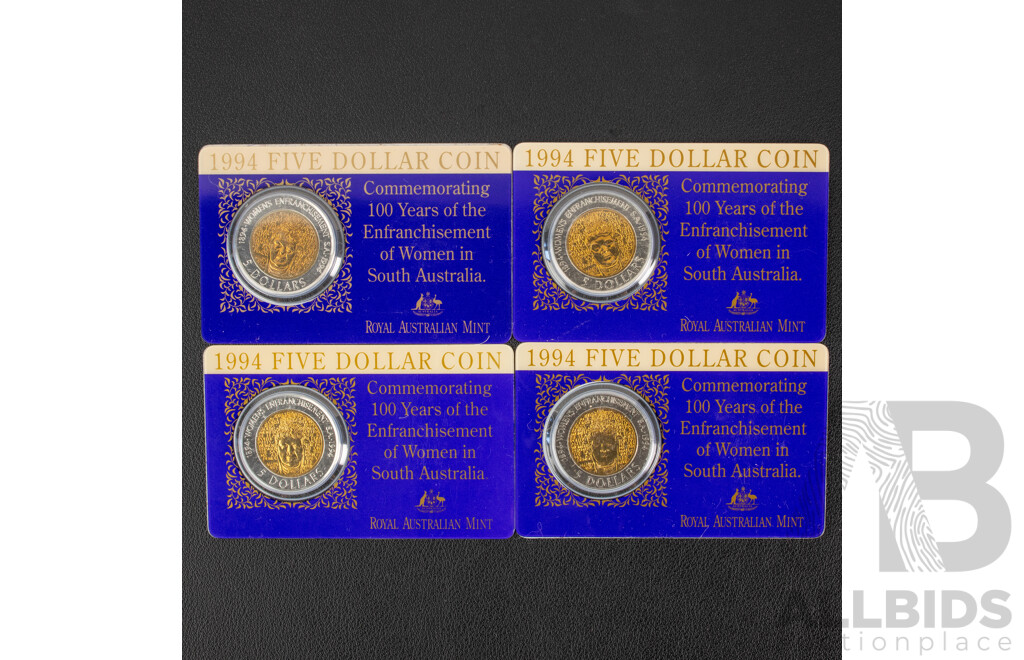 Four Australian RAM 1994 Bimetallic Five Dollar Coins, One Hundred Years of the Enfranchisement of Women in South Australia