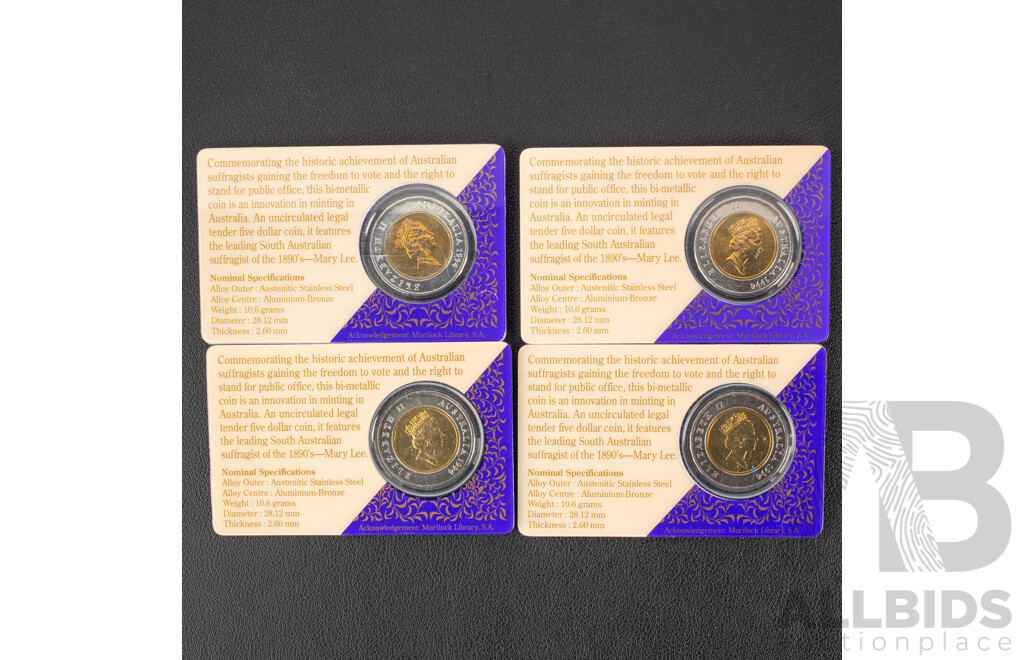 Four Australian RAM 1994 Bimetallic Five Dollar Coins, One Hundred Years of the Enfranchisement of Women in South Australia