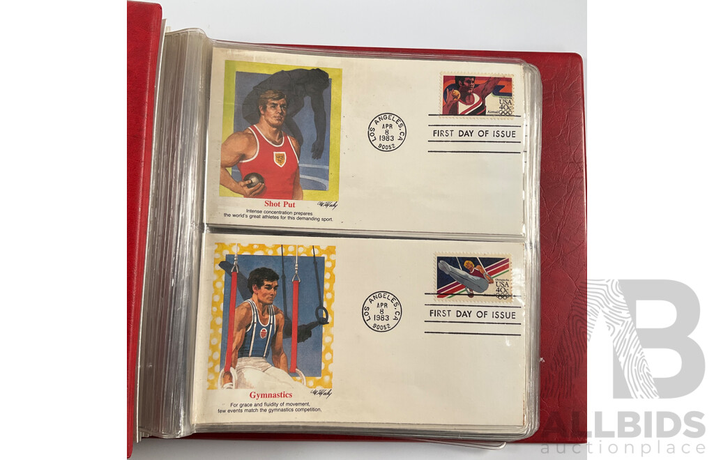 Thirteen Australian 2000 Olympics Stamp Mini Sheets - Face Value $58 with USA 1984 Los Angles Olympic Games First Day Covers Album