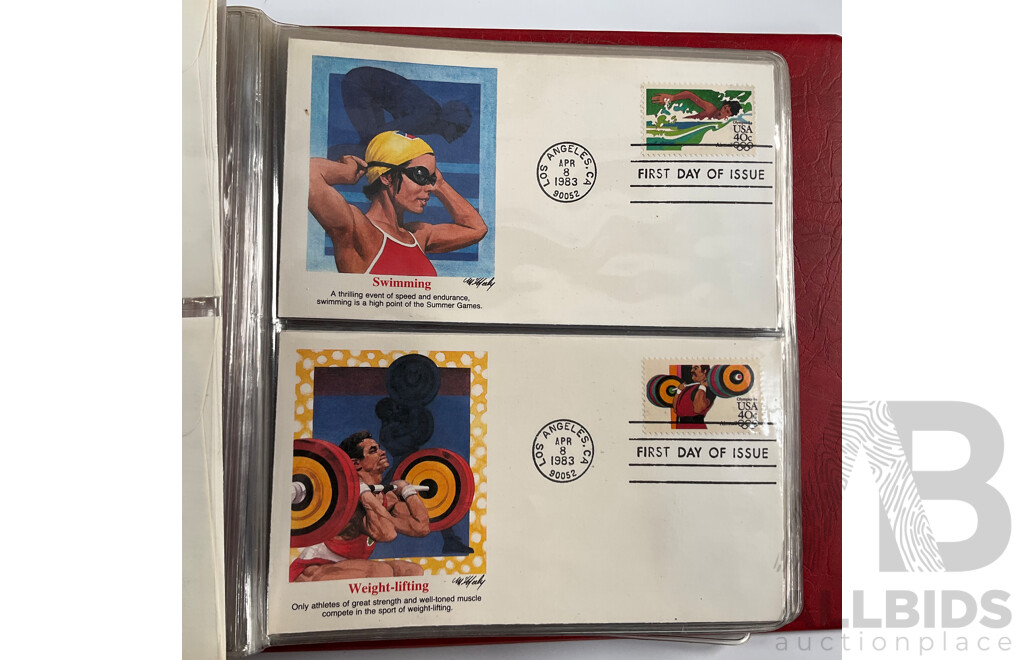 Thirteen Australian 2000 Olympics Stamp Mini Sheets - Face Value $58 with USA 1984 Los Angles Olympic Games First Day Covers Album
