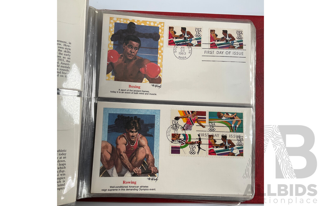 Thirteen Australian 2000 Olympics Stamp Mini Sheets - Face Value $58 with USA 1984 Los Angles Olympic Games First Day Covers Album