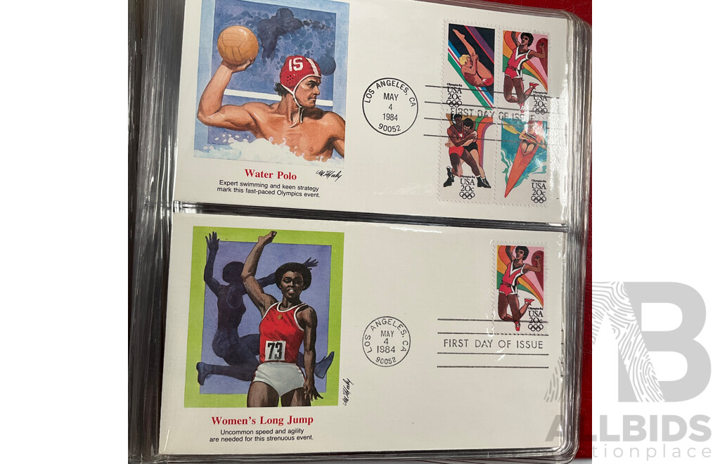 Thirteen Australian 2000 Olympics Stamp Mini Sheets - Face Value $58 with USA 1984 Los Angles Olympic Games First Day Covers Album